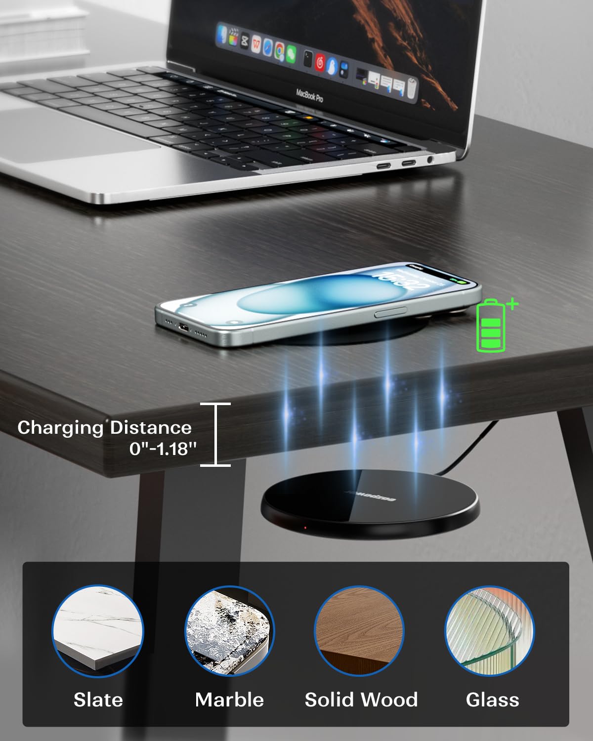 Invisible Under Desk Wireless Charging Pad 0 to 30mm Dual Use