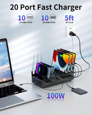 20 Port USB Charging Station for Multiple Devices