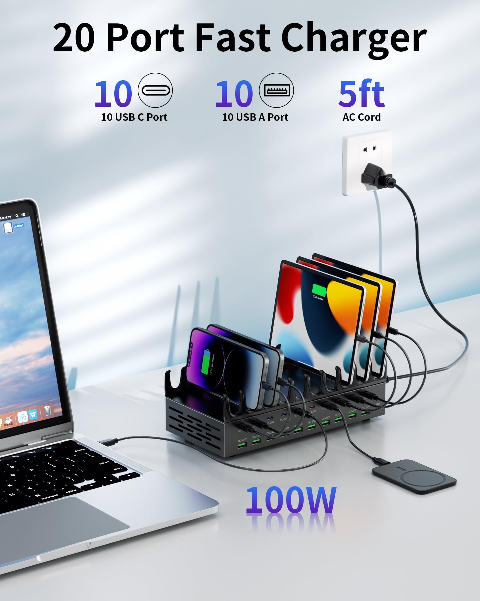 20 Port USB Charging Station for Multiple Devices