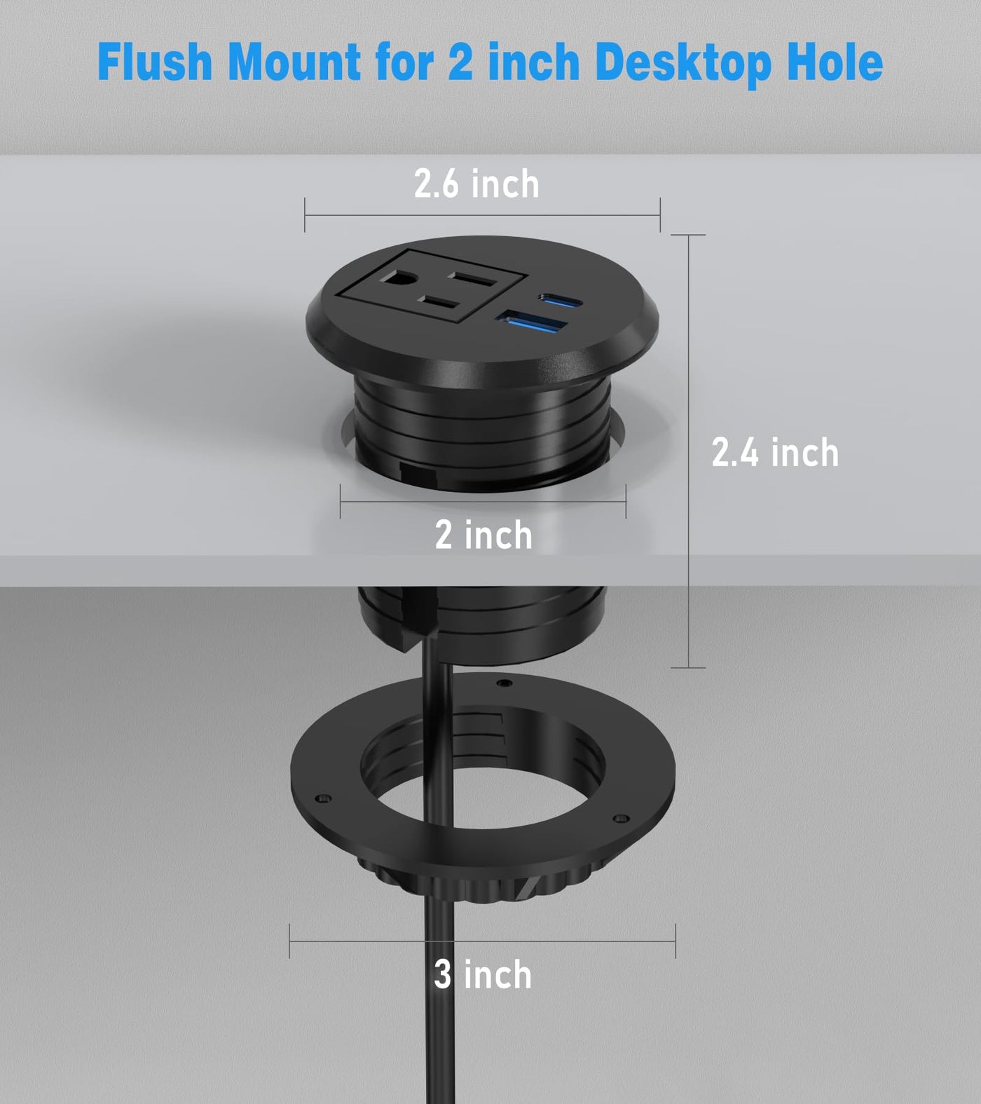 Recessed Desk Power Grommet with 1 AC Outlet and 2 USB Ports