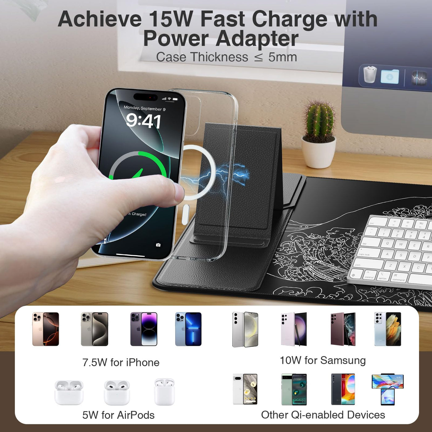 15W Fast Wireless Charging Mouse Pad Large Gaming Desk Mat