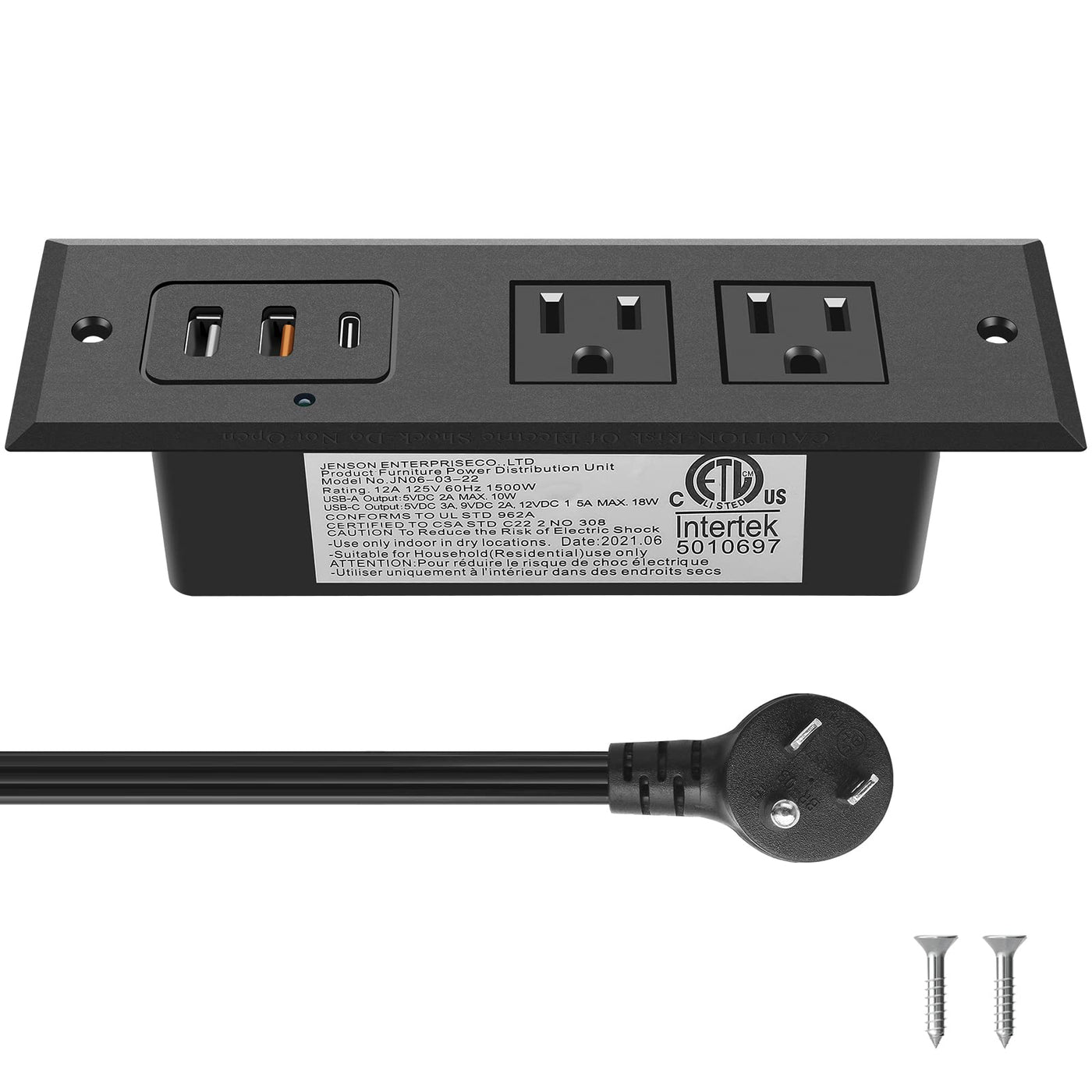 20W USB C Recessed Power Strip Desk Outlet with USB A Flat Plug