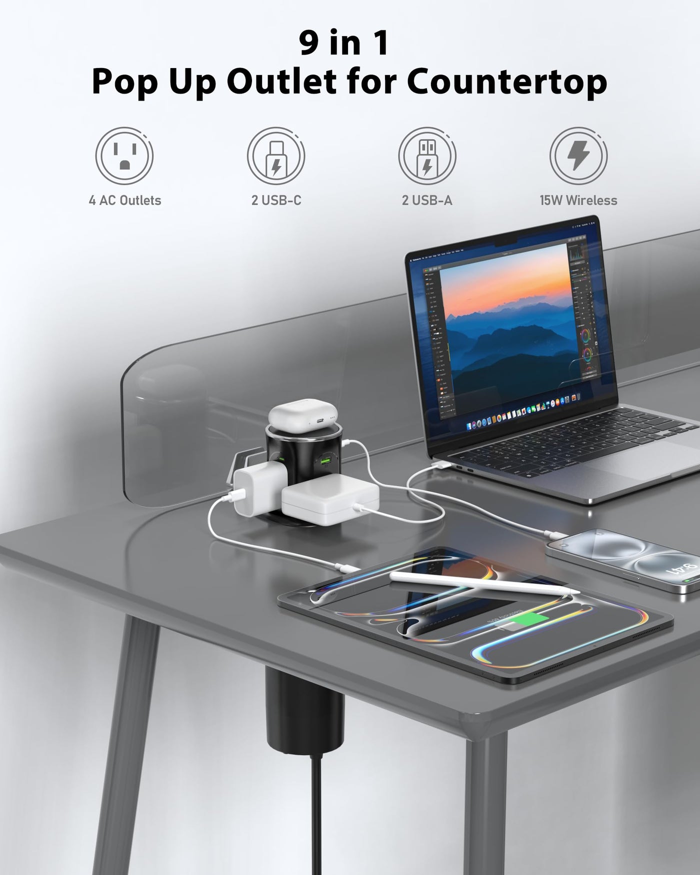 15W Wireless Charging Motorized Pop Up Countertop Receptacle