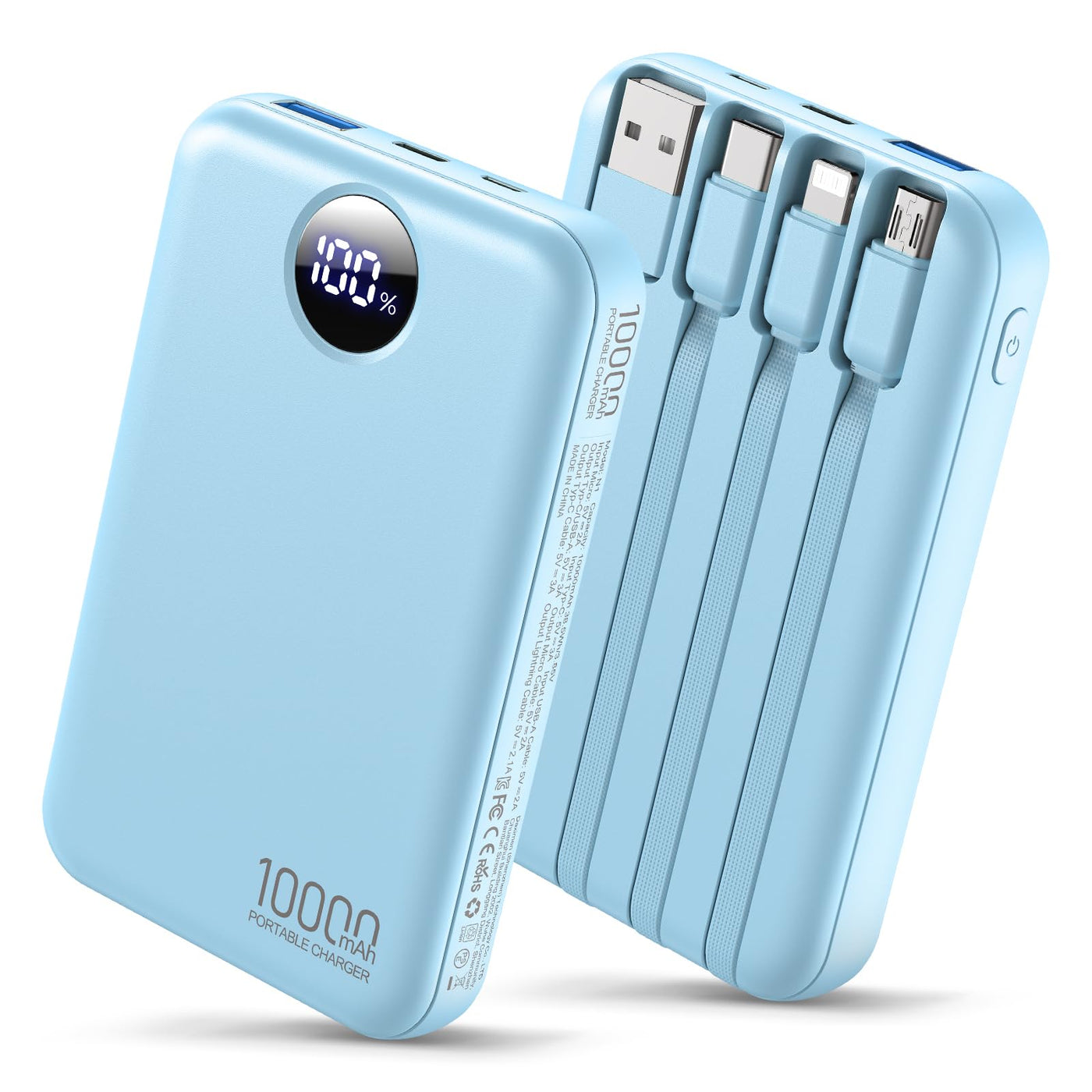 10000mAh Portable Power Bank with 4 Built In Cables LED Display
