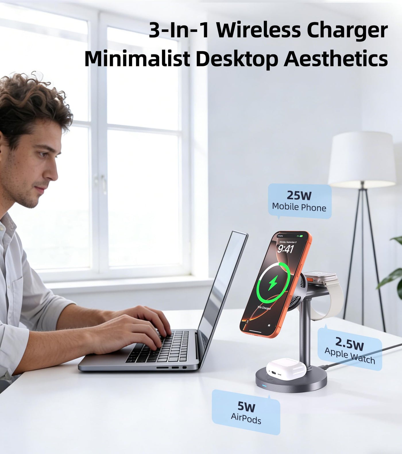 3 in 1 Qi2 25W Magnetic Charging Station with Active Cooling 65W Adapter