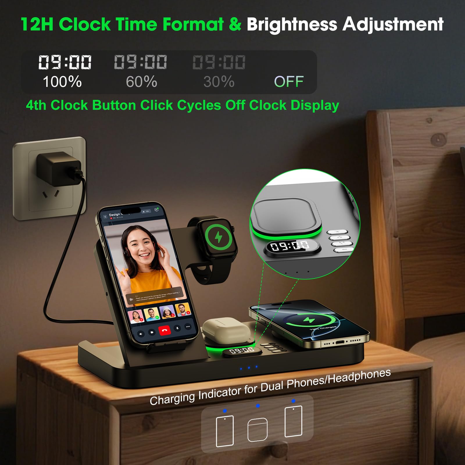 Dual Phone Magnetic Wireless Charging Station with Clock and 7 Color Light