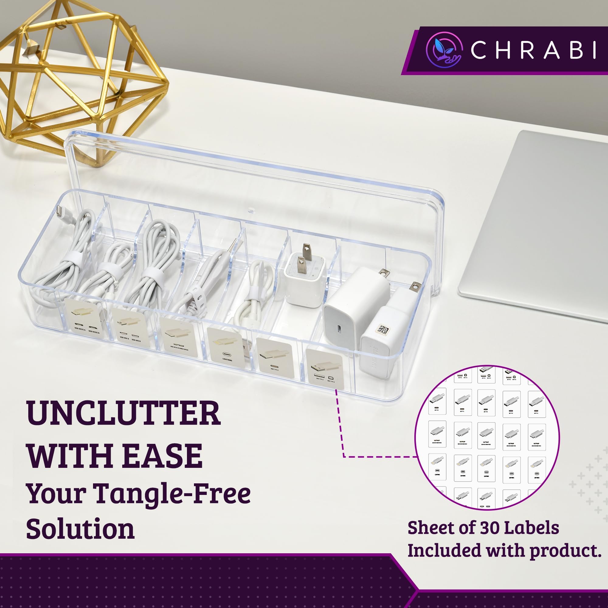3 Pack Stackable Cable Organizer Box with Labels and Lids