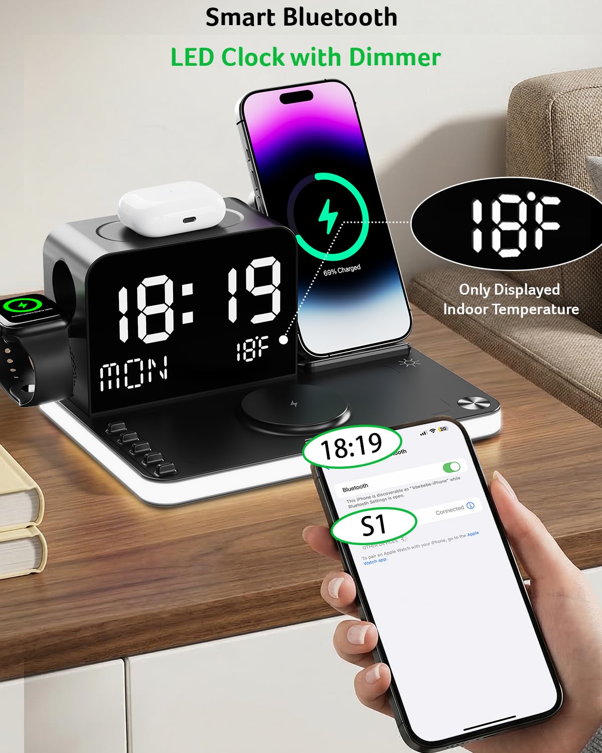 7 in 1 Wireless Charging Station with LED Clock 30W Fast Charger