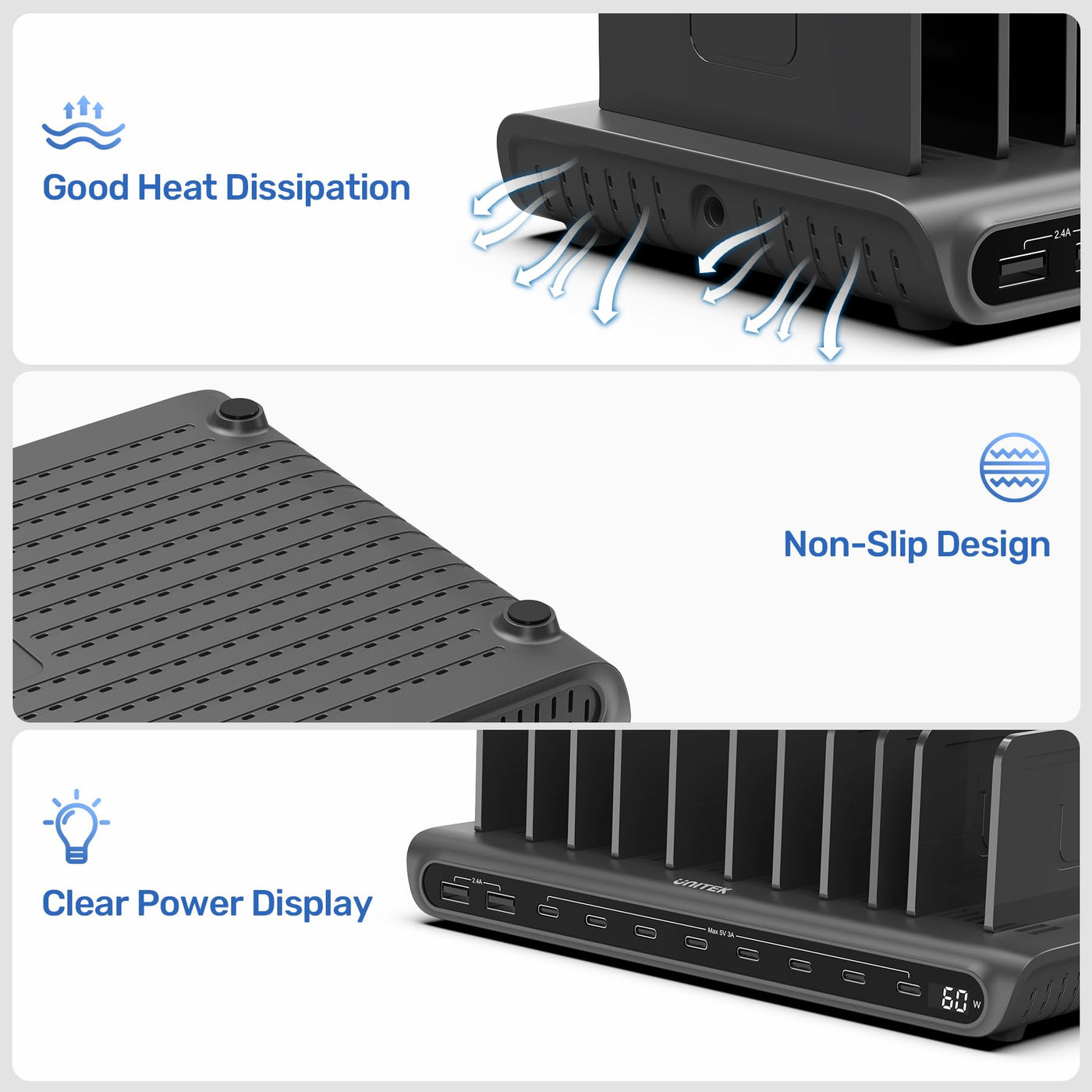 USB Charging Dock Station Organizer with Adjustable Dividers