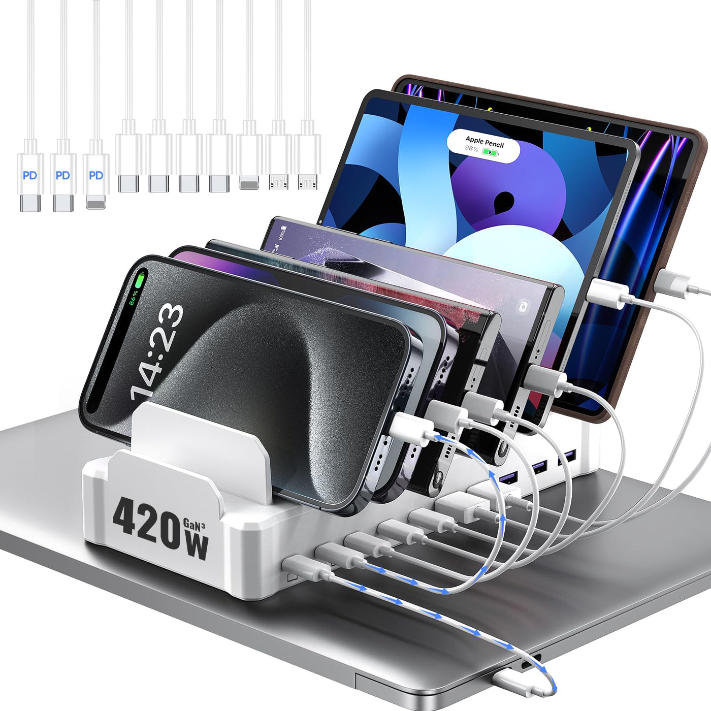 320W 10 Port USB C Fast Charging Station Organizer Dock