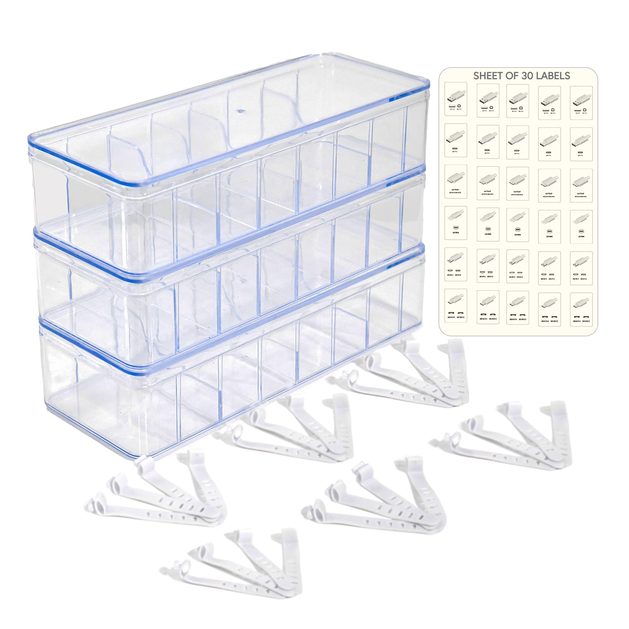 3 Pack Stackable Cable Organizer Box with Labels and Lids