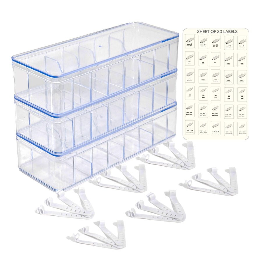 3 Pack Stackable Cable Organizer Box with Labels and Lids