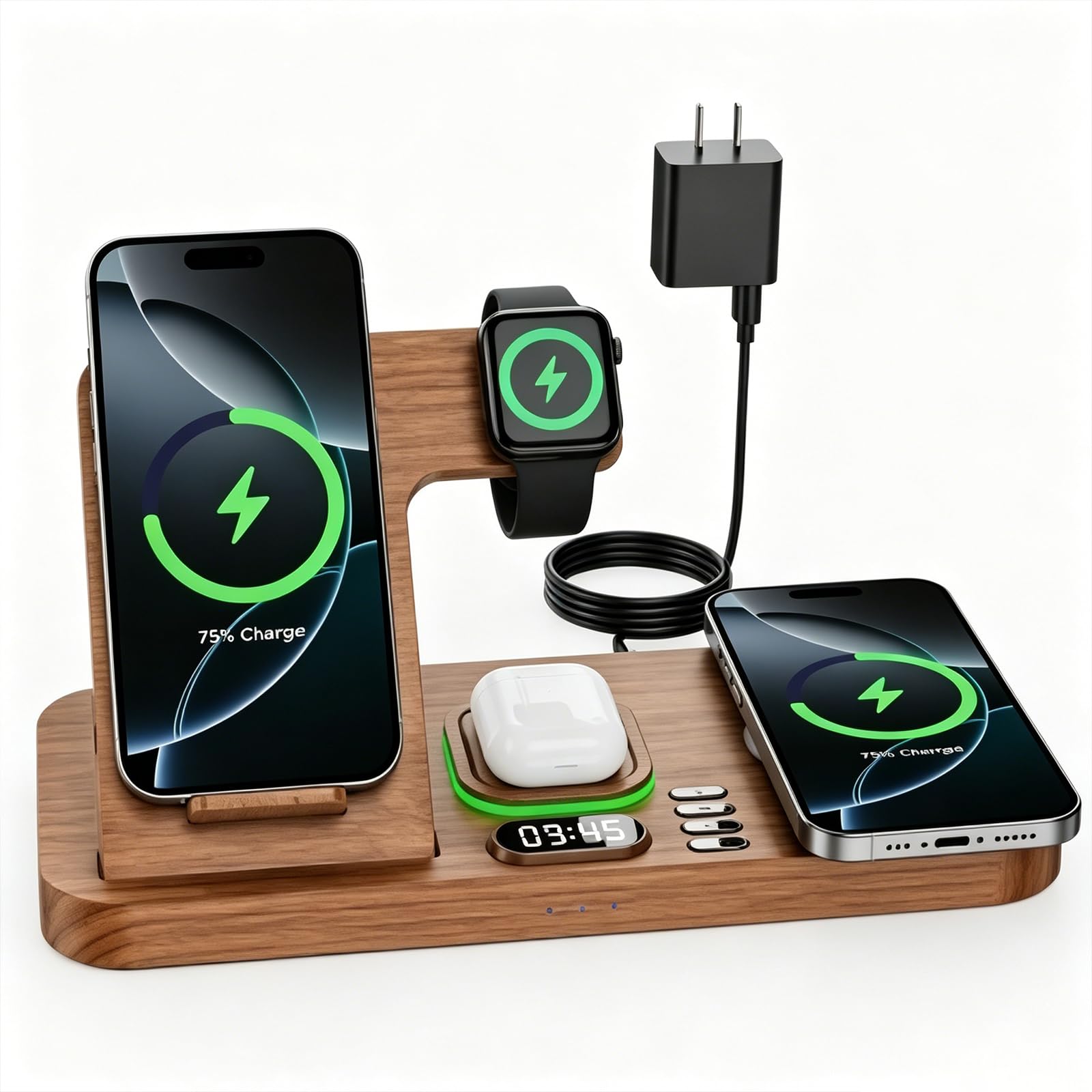 Dual Phone Magnetic Wireless Charging Station with Clock and 7 Color Light