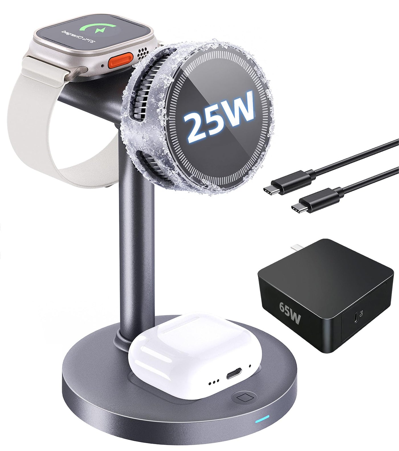 3 in 1 Qi2 25W Magnetic Charging Station with Active Cooling 65W Adapter