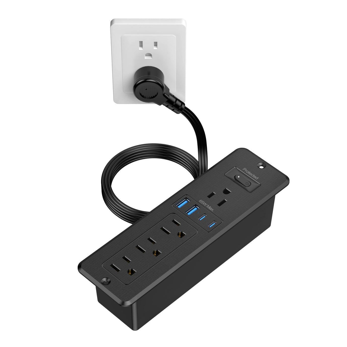 65W USB C Recessed Power Strip Desktop 4 AC Outlet PD GaN Charger