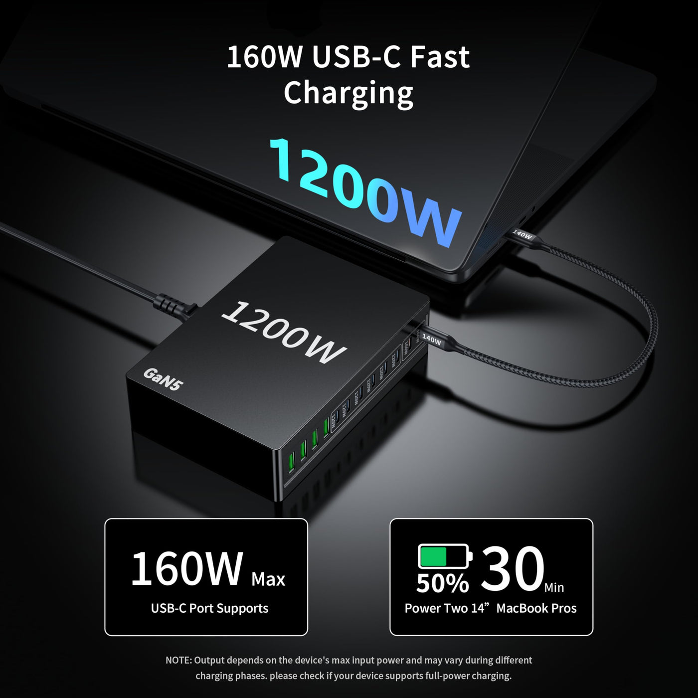 1200W USB C 12 Port Fast Charging Station PD 140W Laptop Charger