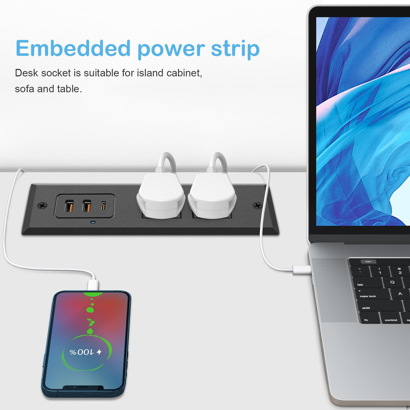 20W USB C Recessed Power Strip Desk Outlet with USB A Flat Plug