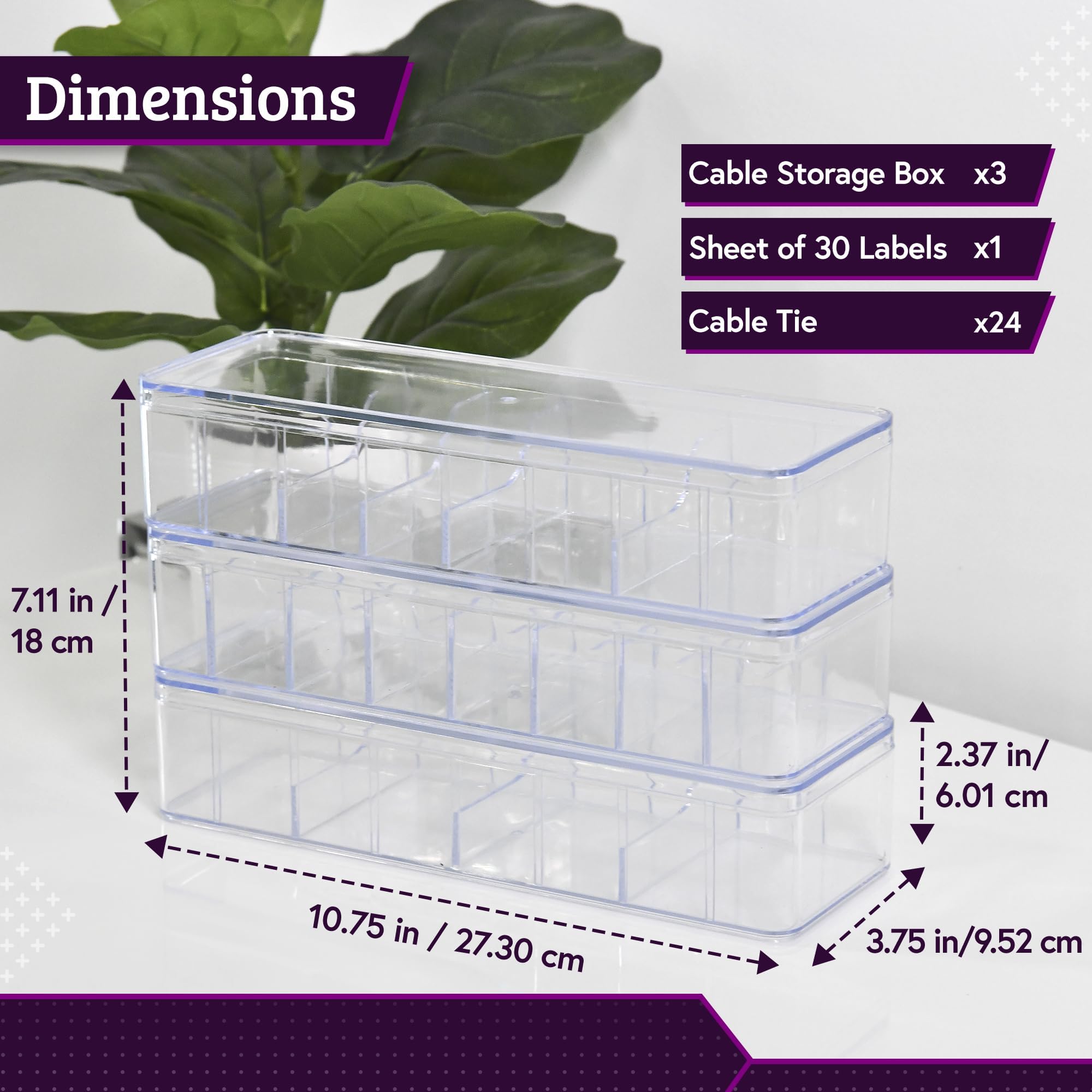 3 Pack Stackable Cable Organizer Box with Labels and Lids