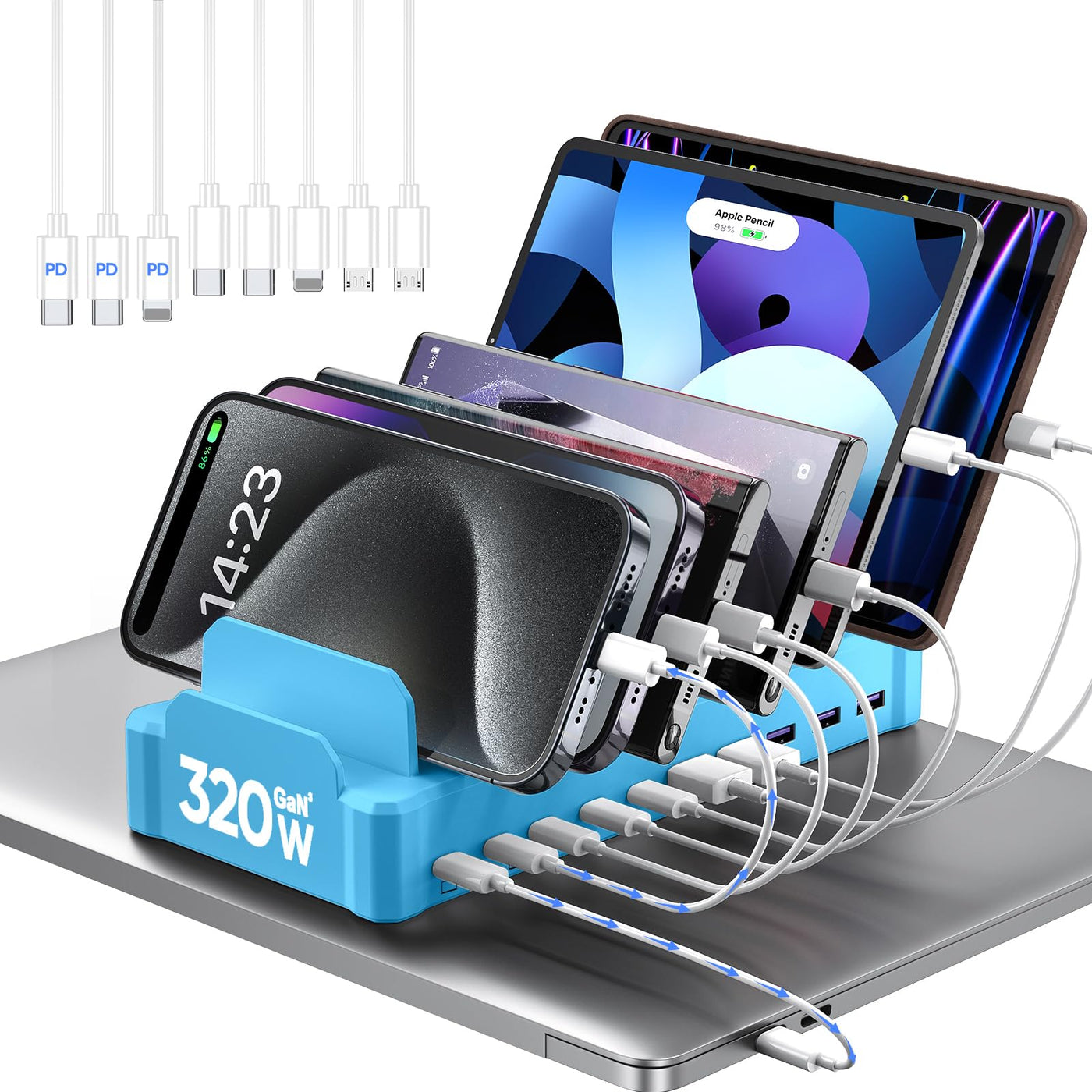 320W 10 Port USB C Fast Charging Station Organizer Dock