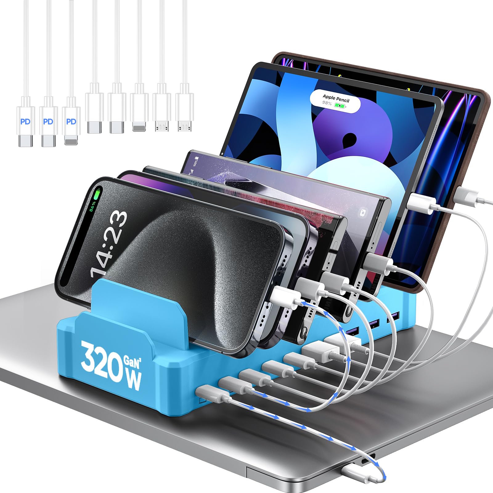 320W 10 Port USB C Fast Charging Station Organizer Dock