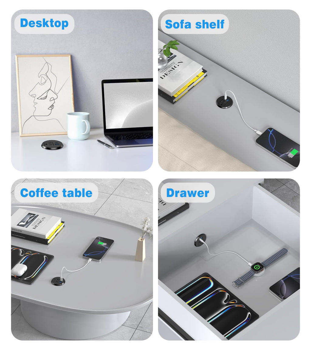 Recessed Desk Power Grommet with 1 AC Outlet and 2 USB Ports