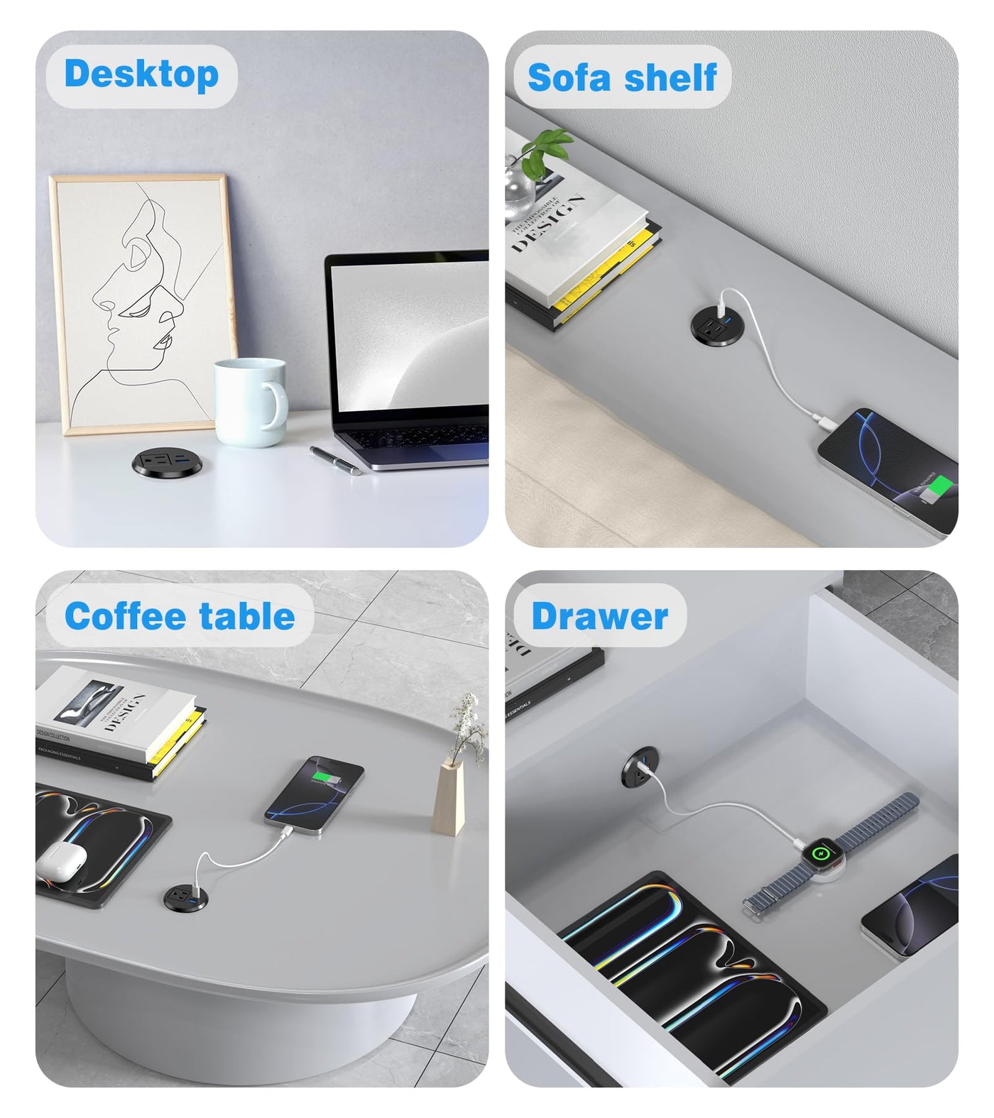Recessed Desk Power Grommet with 1 AC Outlet and 2 USB Ports