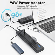 16 Port Powered USB 3.2 Hub 8 USB C 8 USB A with 96W Adapter