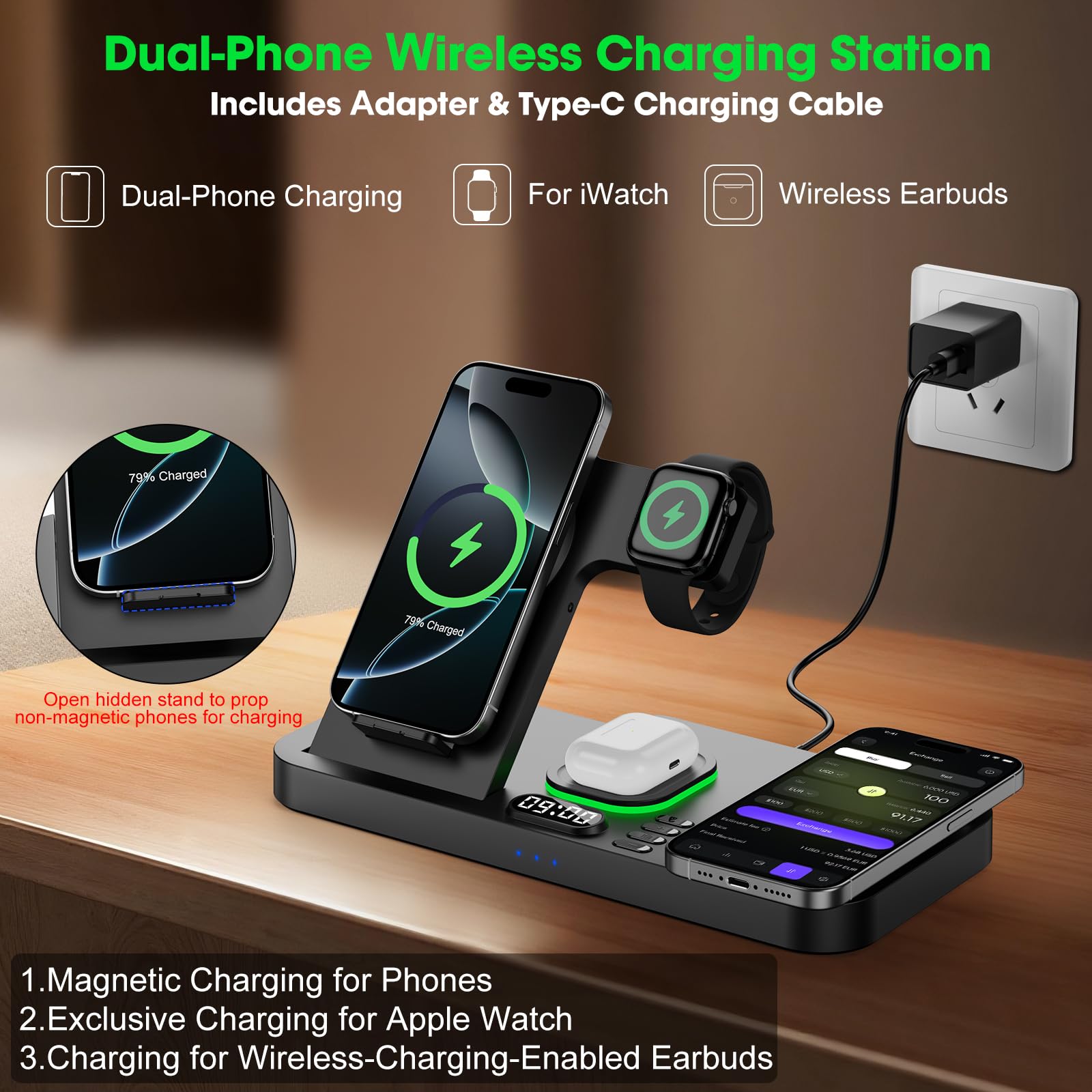 Dual Phone Magnetic Wireless Charging Station with Clock and 7 Color Light