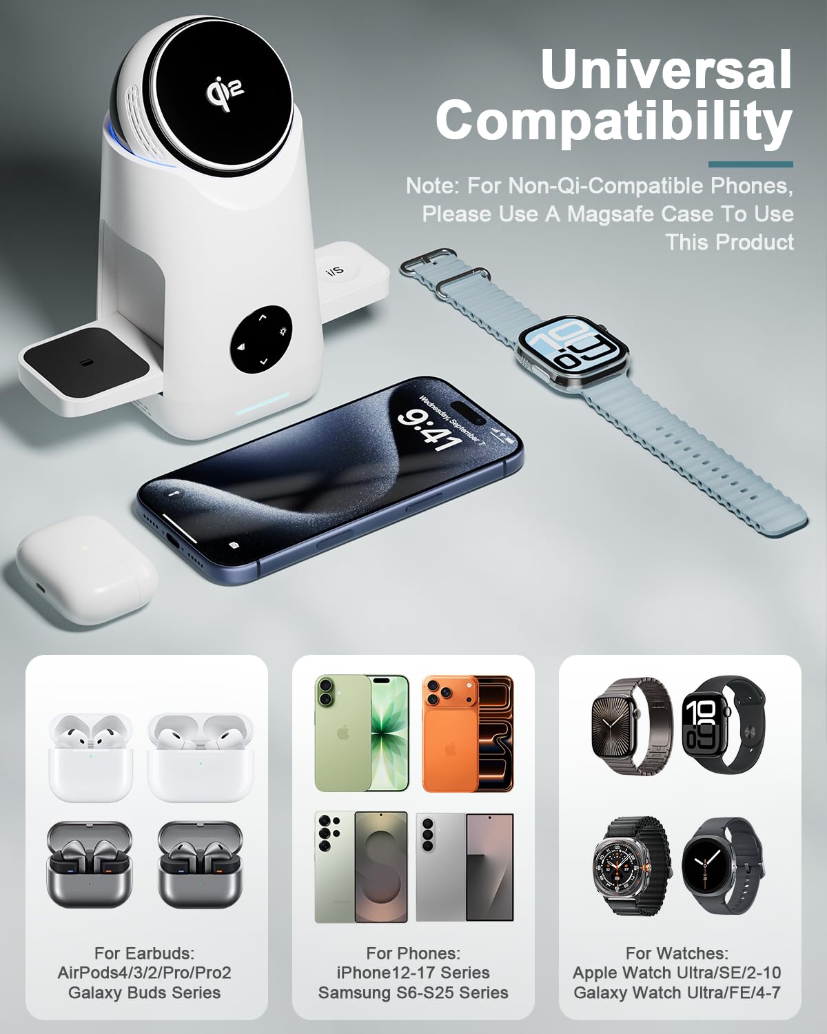 3 in 1 Qi2 Rotating Magnetic Wireless Charging Stand for Phone Watch Earbuds