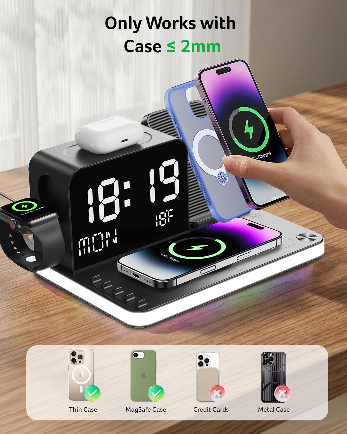 7 in 1 Wireless Charging Station with LED Clock 30W Fast Charger