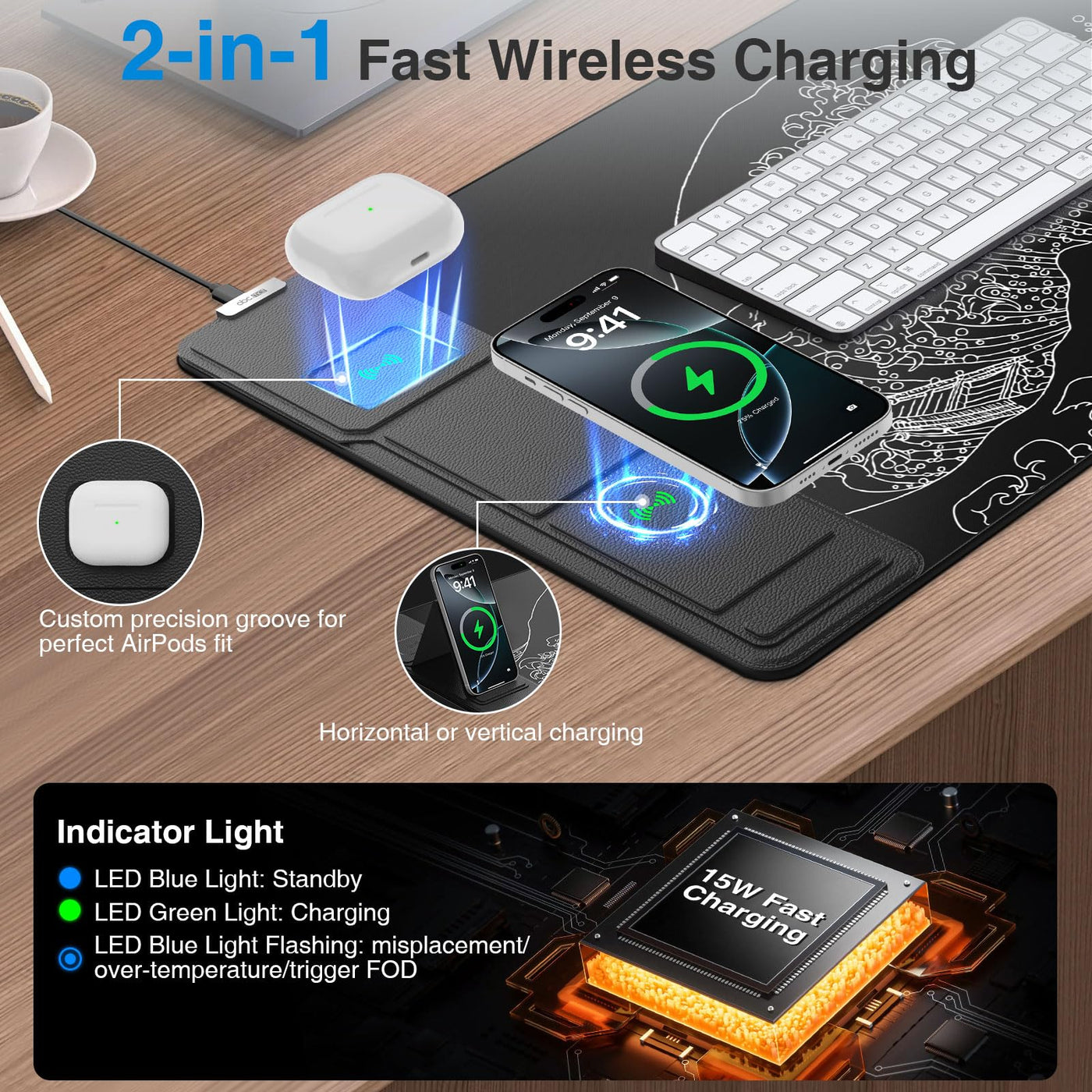 15W Fast Wireless Charging Mouse Pad Large Gaming Desk Mat