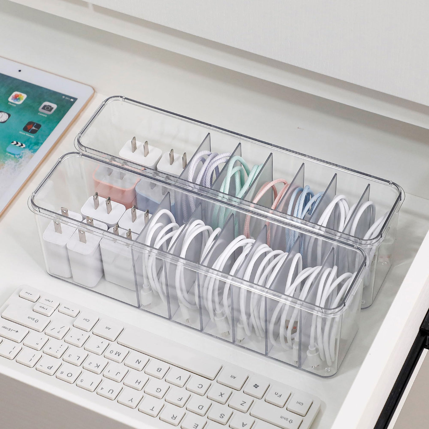 2 Pack Clear Cord Organizer Box for Desk Drawer Cable Storage Container