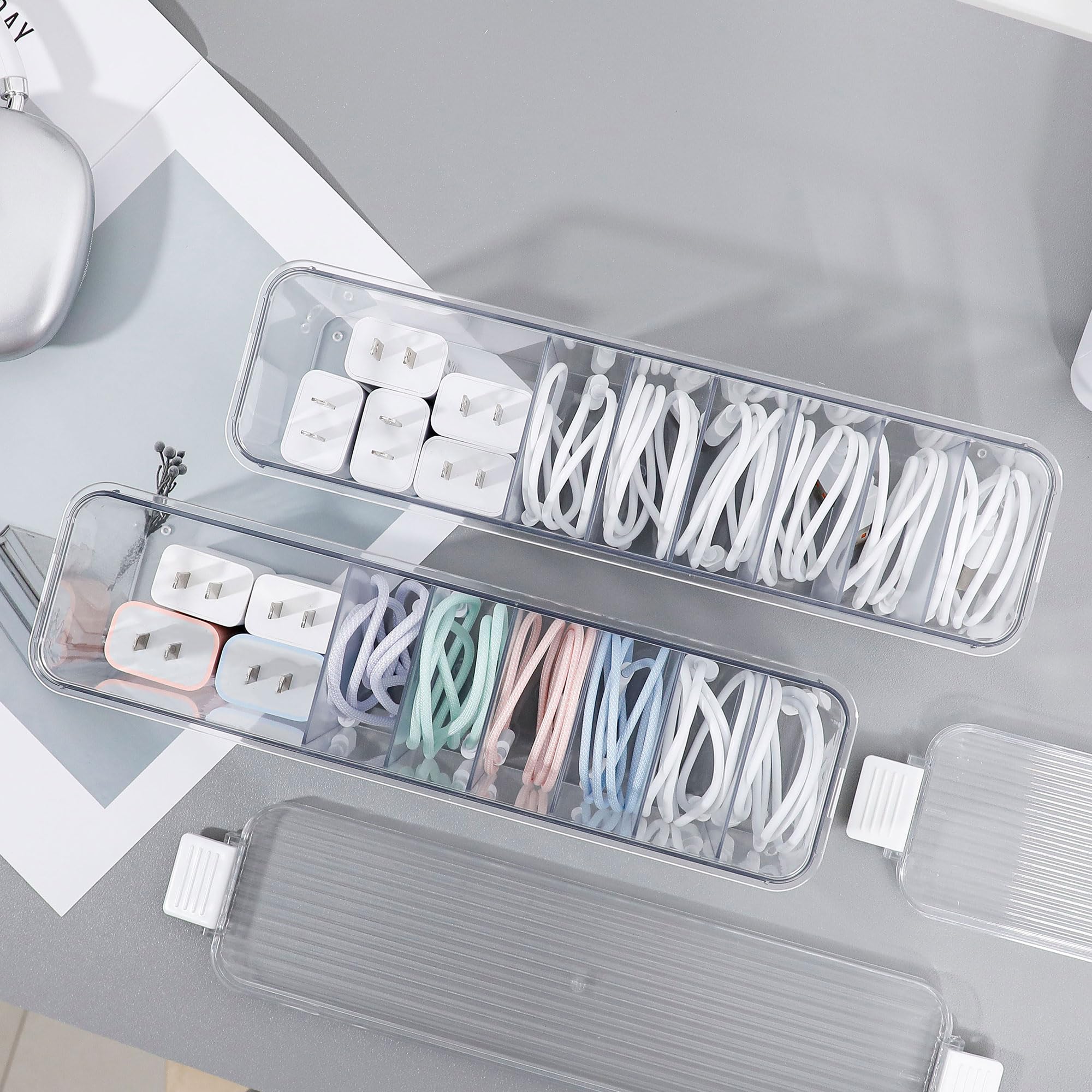 2 Pack Clear Cord Organizer Box for Desk Drawer Cable Storage Container