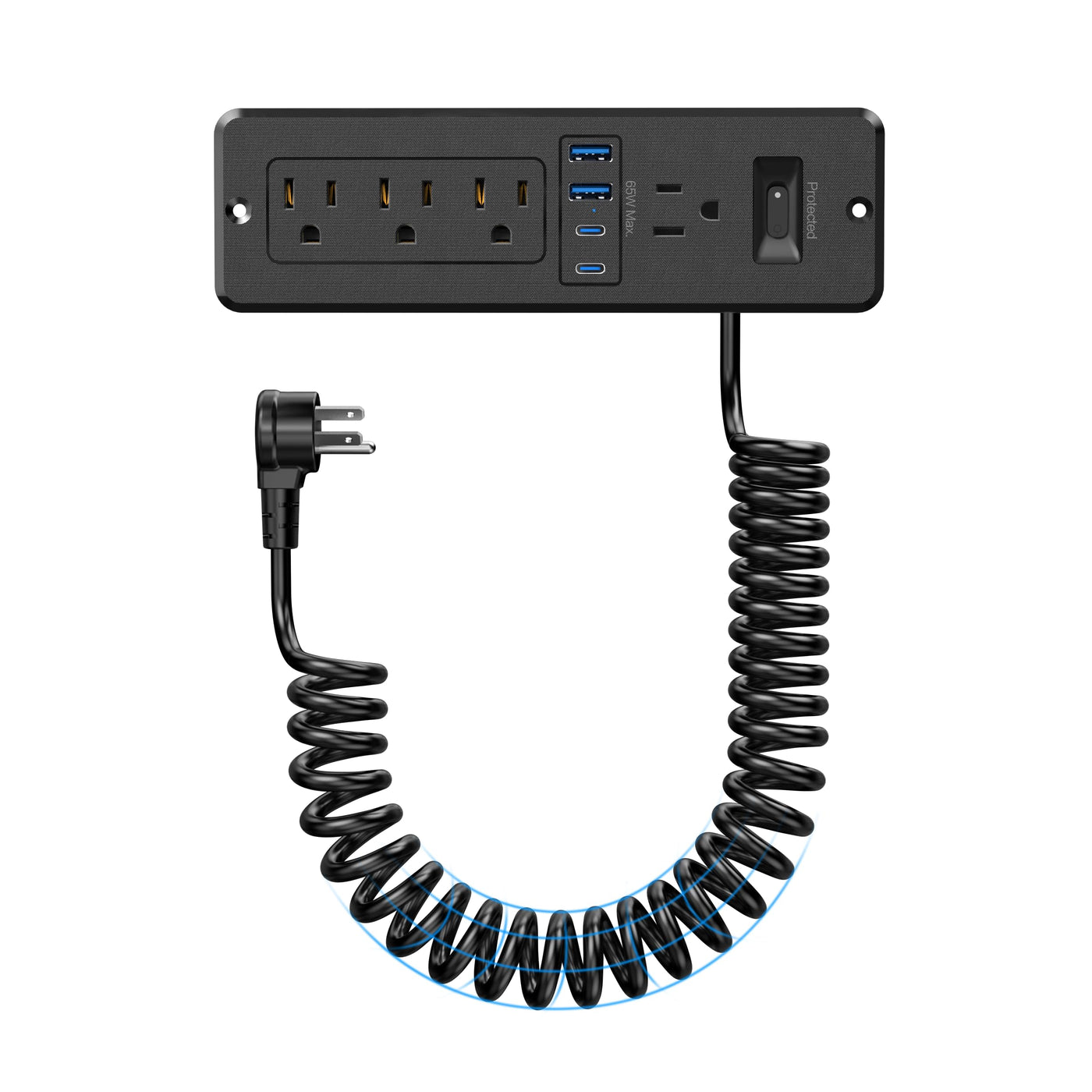 65W Recessed Power Strip with Retractable Spring Cord