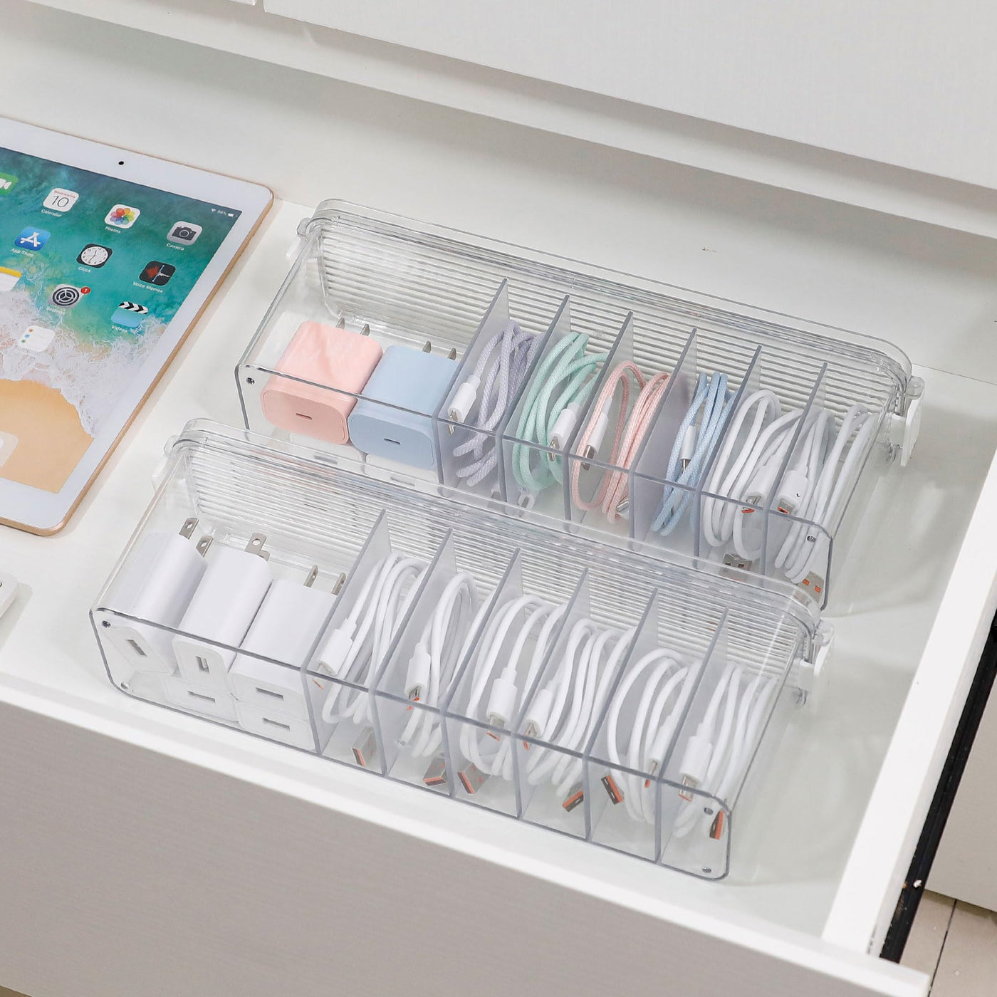 2 Pack Clear Cord Organizer Box for Desk Drawer Cable Storage Container