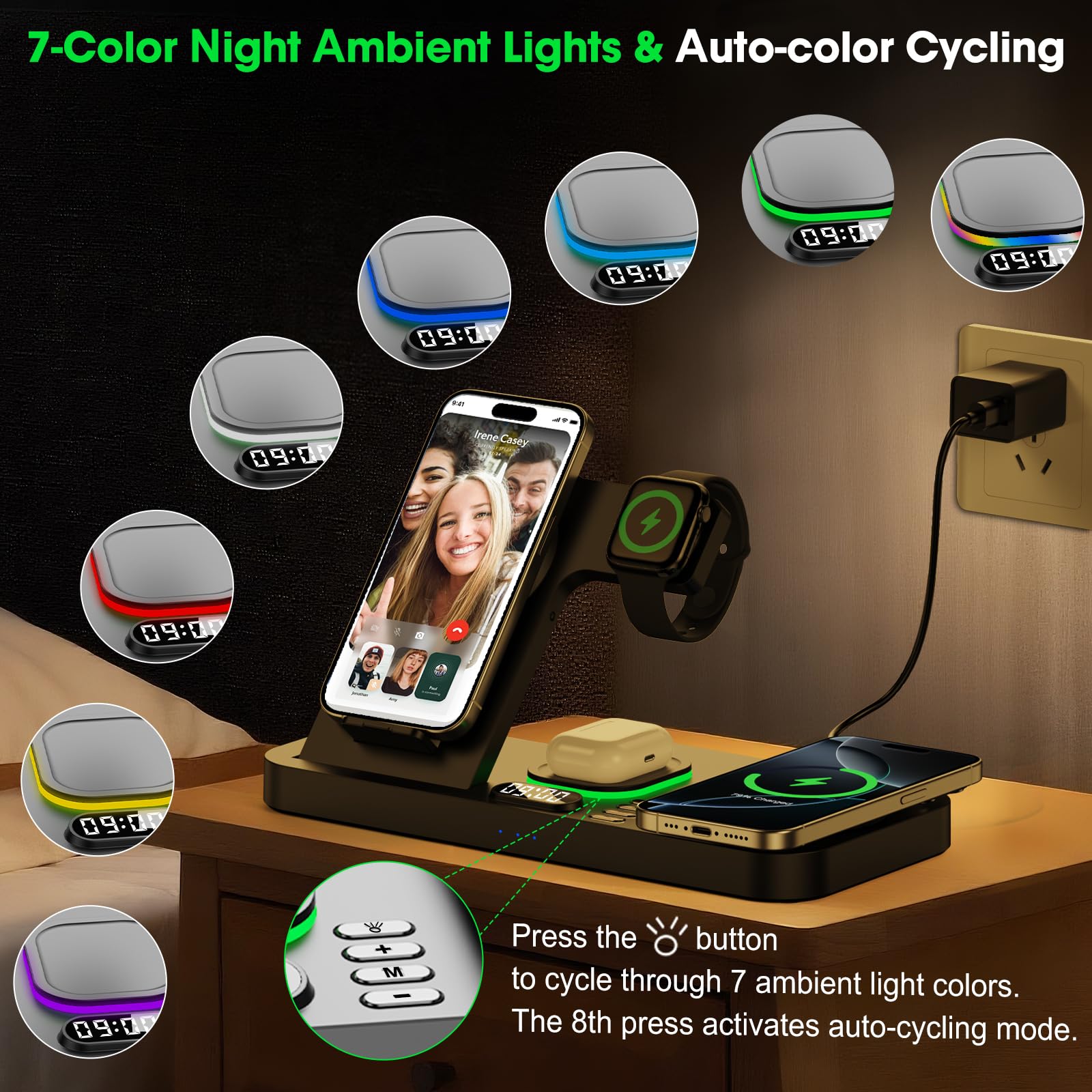 Dual Phone Magnetic Wireless Charging Station with Clock and 7 Color Light