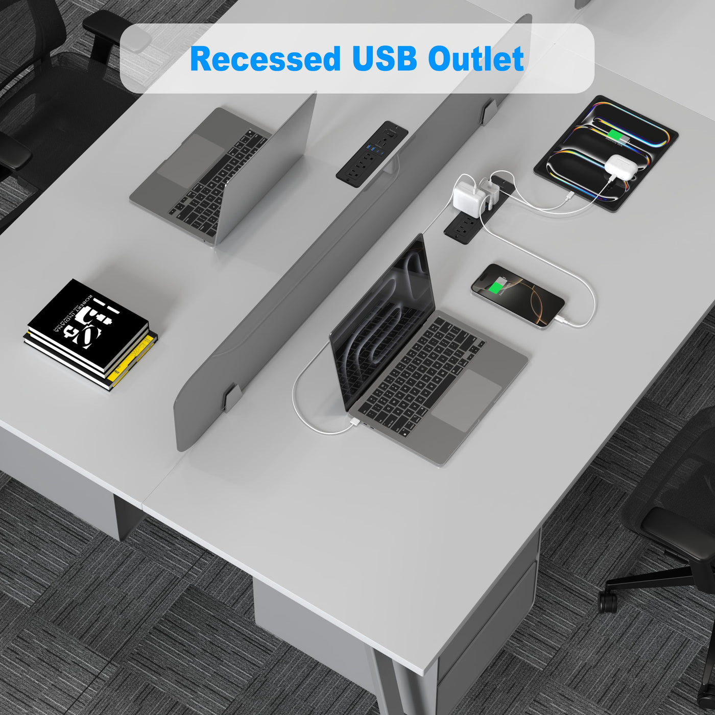 65W USB C Recessed Power Strip Desktop 4 AC Outlet PD GaN Charger