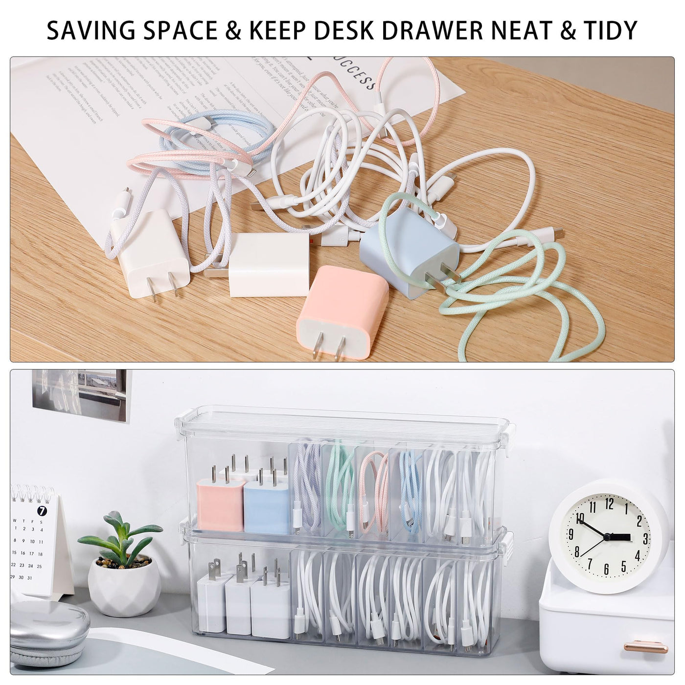2 Pack Clear Cord Organizer Box for Desk Drawer Cable Storage Container