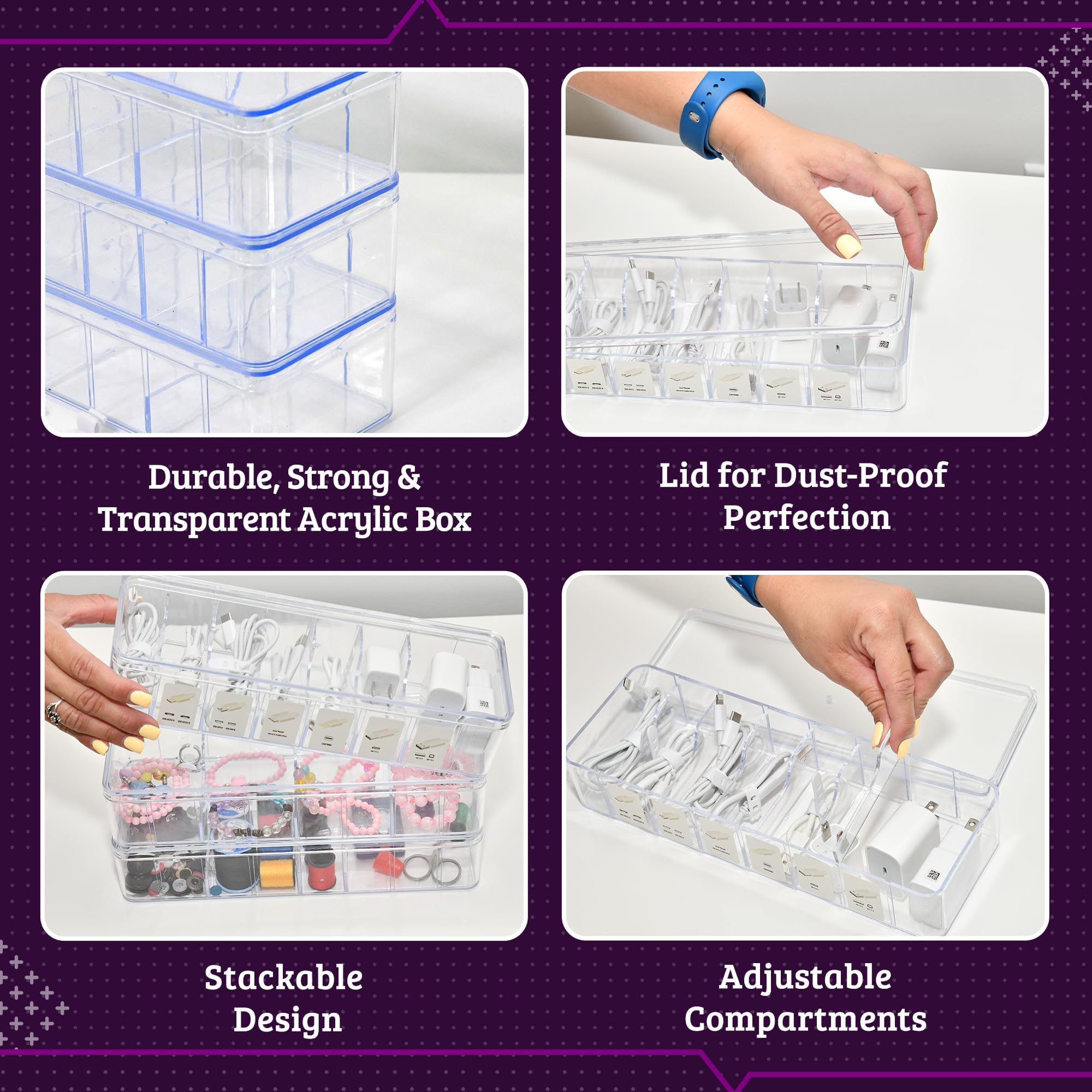 3 Pack Stackable Cable Organizer Box with Labels and Lids